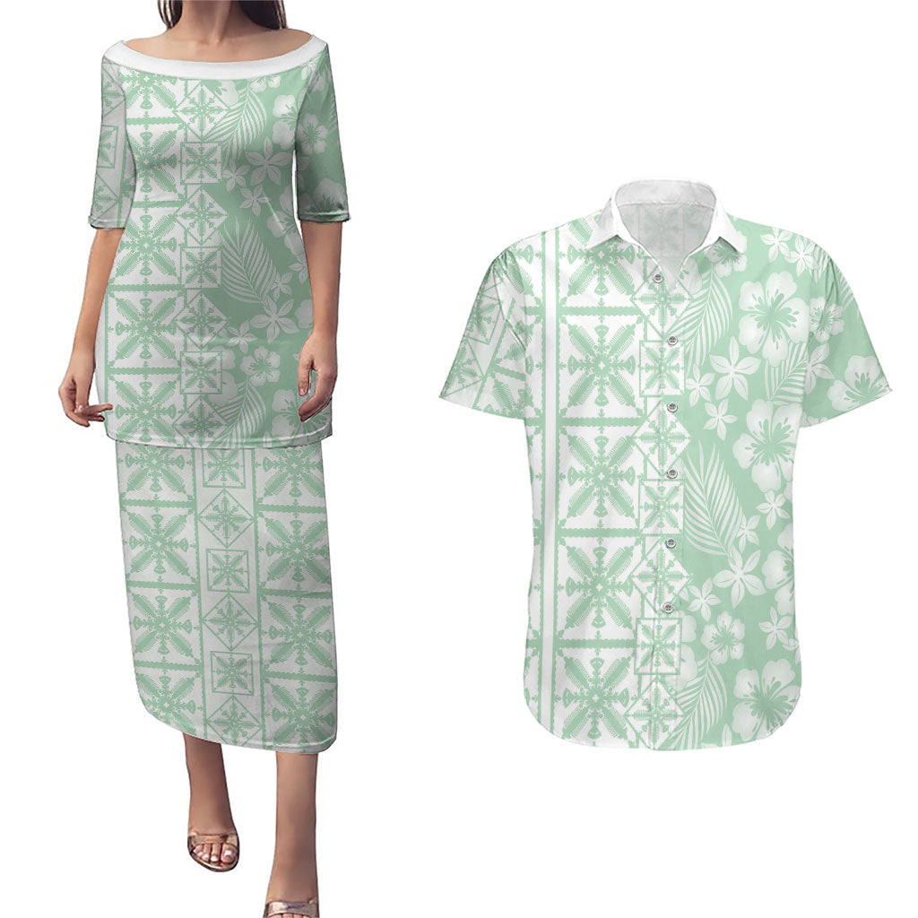 Pastel Green Kahili Quilt Hawaii Couples Matching Puletasi and Hawaiian Shirt Tropical Flower Seamless Half Style