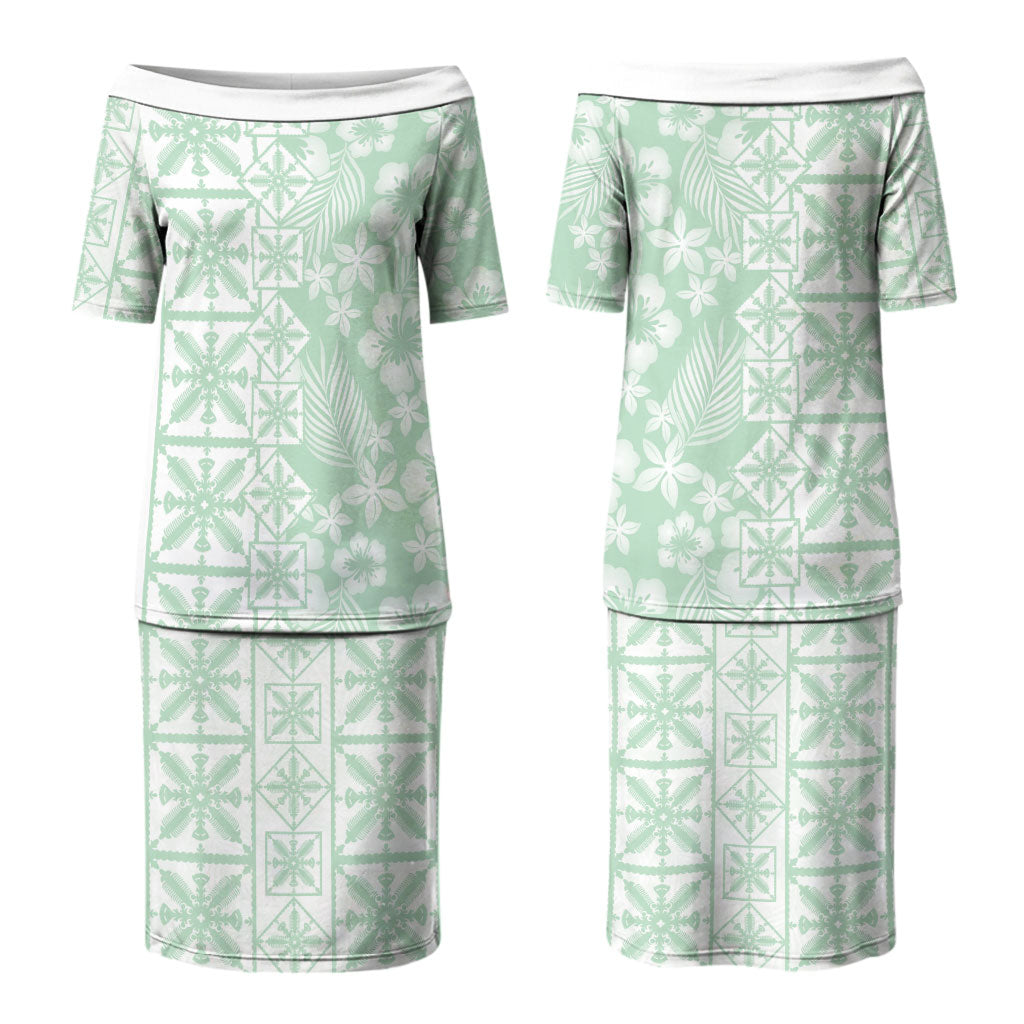 Pastel Green Kahili Quilt Hawaii Couples Matching Puletasi and Long Sleeve Button Shirt Tropical Flower Seamless Half Style LT14 - Polynesian Pride