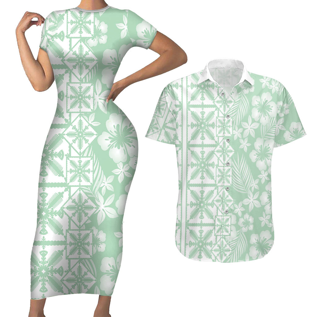 Pastel Green Kahili Quilt Hawaii Couples Matching Short Sleeve Bodycon Dress and Hawaiian Shirt Tropical Flower Seamless Half Style