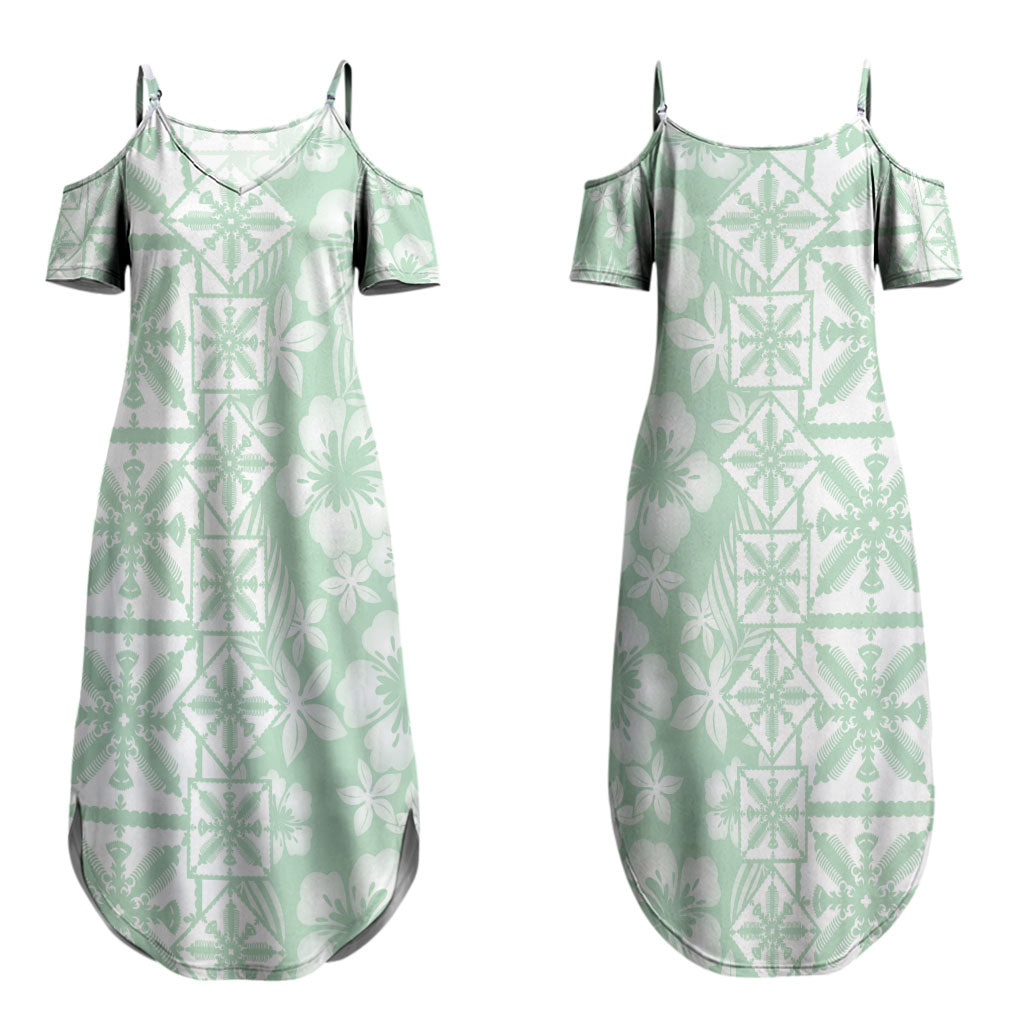 Pastel Green Kahili Quilt Hawaii Couples Matching Summer Maxi Dress and Long Sleeve Button Shirt Tropical Flower Seamless Half Style LT14 - Polynesian Pride