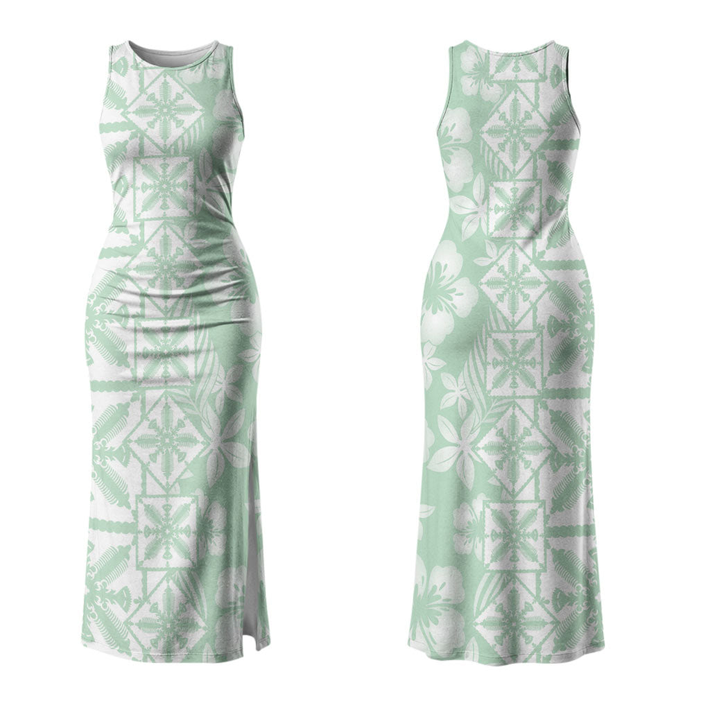 Pastel Green Kahili Quilt Hawaii Couples Matching Tank Maxi Dress and Long Sleeve Button Shirt Tropical Flower Seamless Half Style LT14 - Polynesian Pride