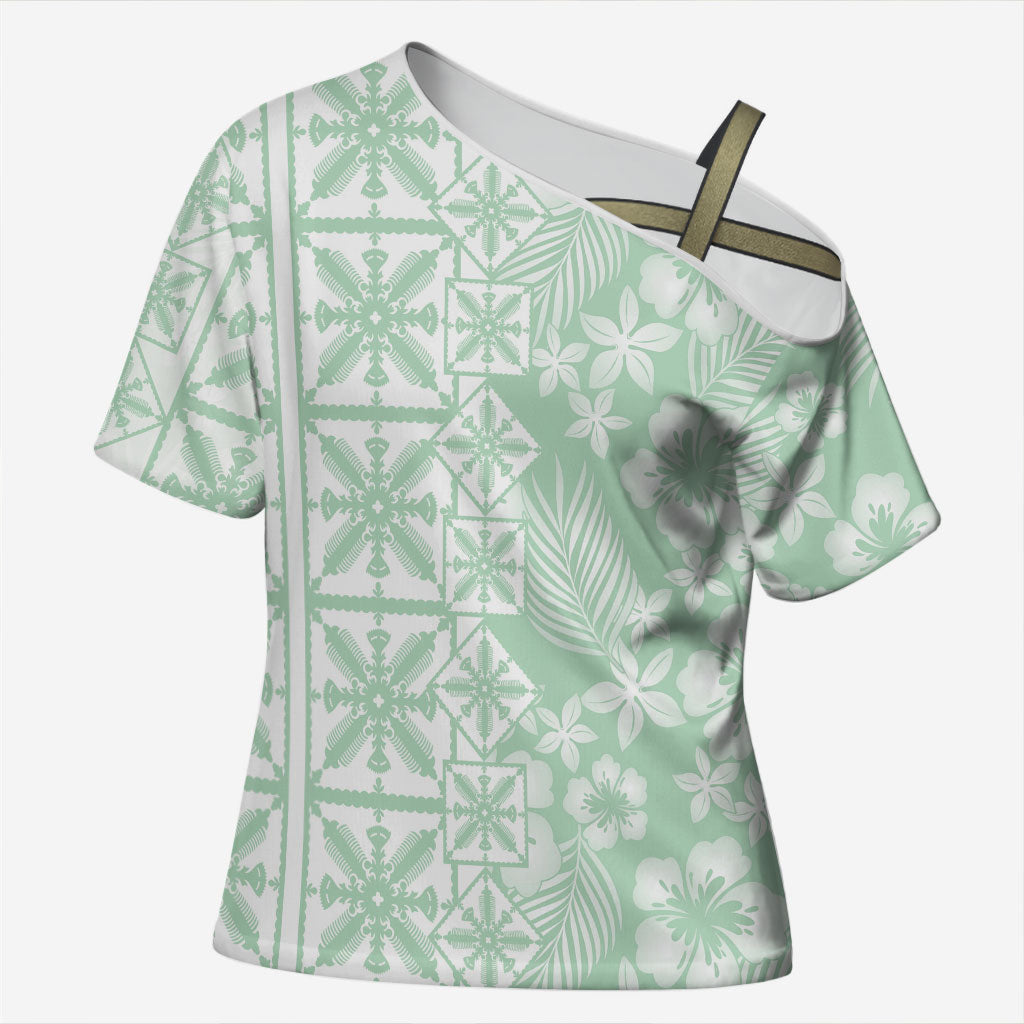Pastel Green Kahili Quilt Hawaii Cross Shoulder Shirt Tropical Flower Seamless Half Style LT14 Female Green - Polynesian Pride