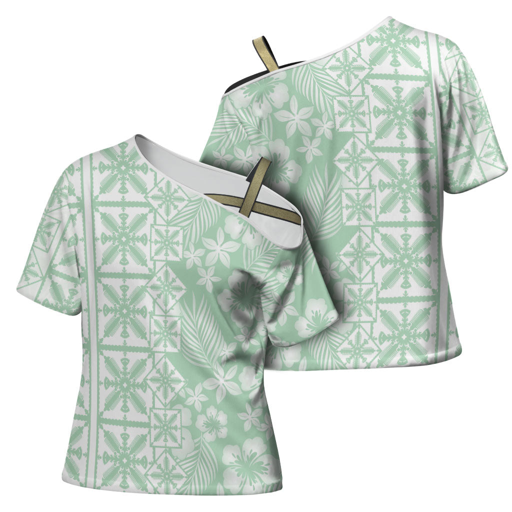 Pastel Green Kahili Quilt Hawaii Cross Shoulder Shirt Tropical Flower Seamless Half Style