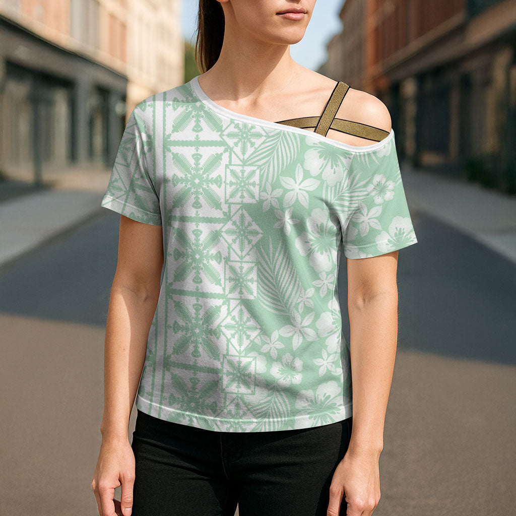 Pastel Green Kahili Quilt Hawaii Cross Shoulder Shirt Tropical Flower Seamless Half Style