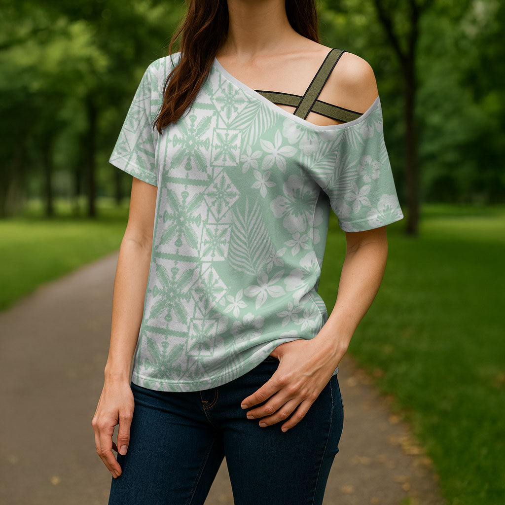 Pastel Green Kahili Quilt Hawaii Cross Shoulder Shirt Tropical Flower Seamless Half Style