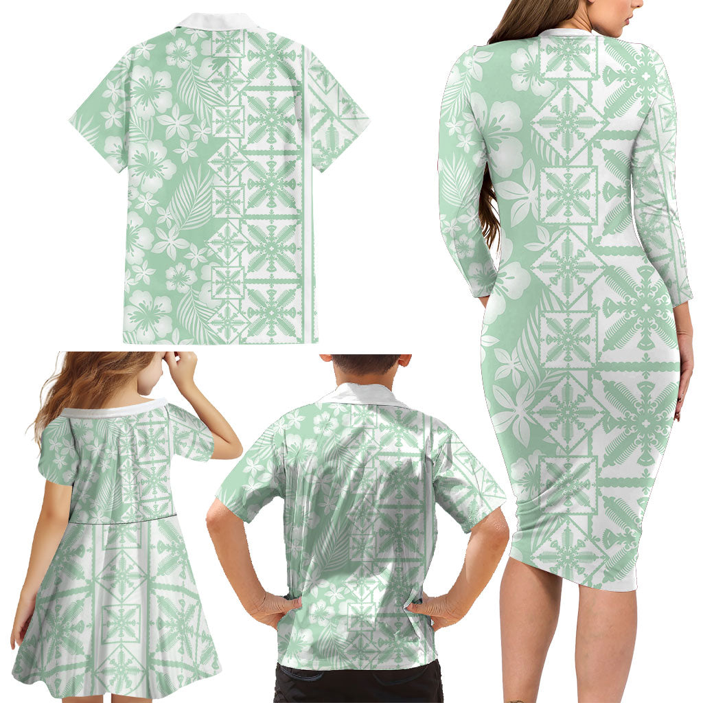 Pastel Green Kahili Quilt Hawaii Family Matching Long Sleeve Bodycon Dress and Hawaiian Shirt Tropical Flower Seamless Half Style