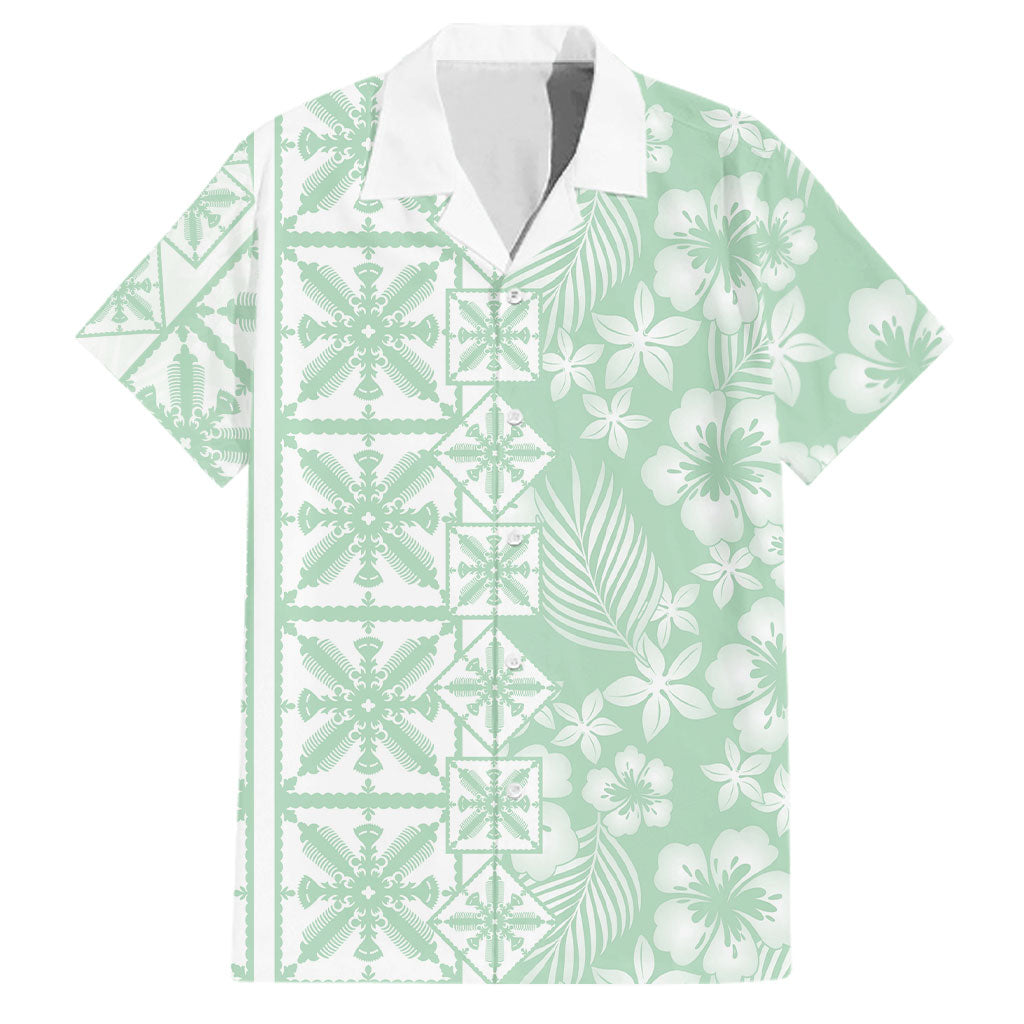 Pastel Green Kahili Quilt Hawaii Family Matching Long Sleeve Bodycon Dress and Hawaiian Shirt Tropical Flower Seamless Half Style