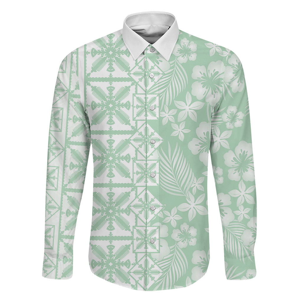 Pastel Green Kahili Quilt Hawaii Family Matching Long Sleeve Bodycon Dress and Hawaiian Shirt Tropical Flower Seamless Half Style