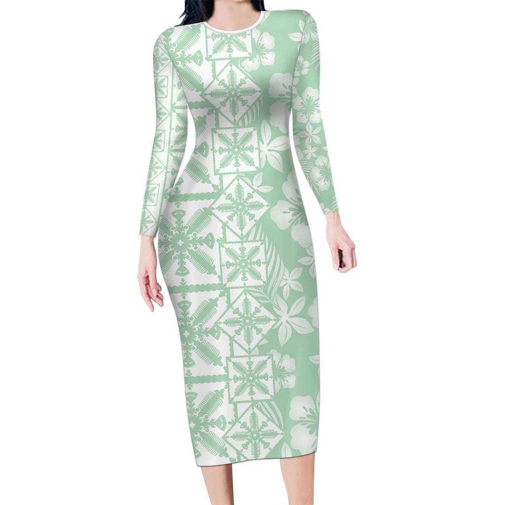 Pastel Green Kahili Quilt Hawaii Family Matching Long Sleeve Bodycon Dress and Hawaiian Shirt Tropical Flower Seamless Half Style