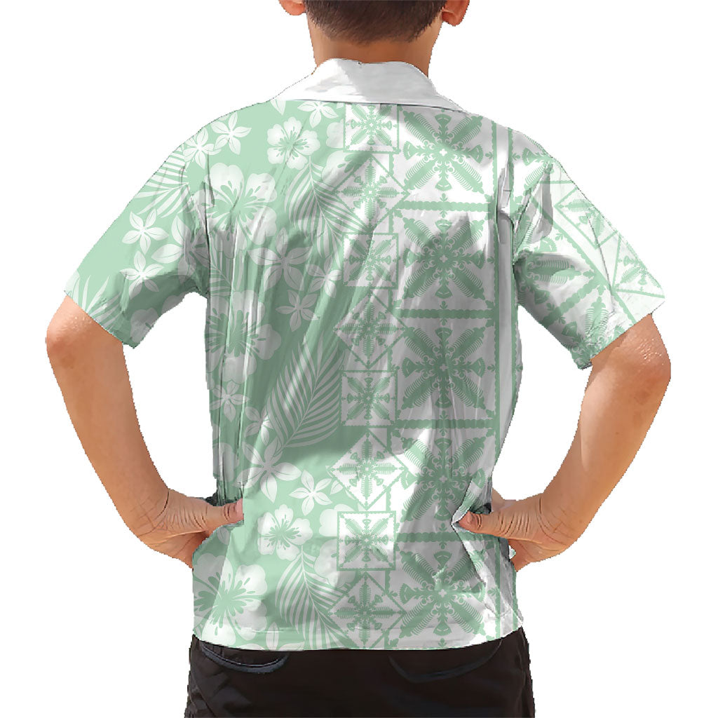 Pastel Green Kahili Quilt Hawaii Family Matching Mermaid Dress and Hawaiian Shirt Tropical Flower Seamless Half Style