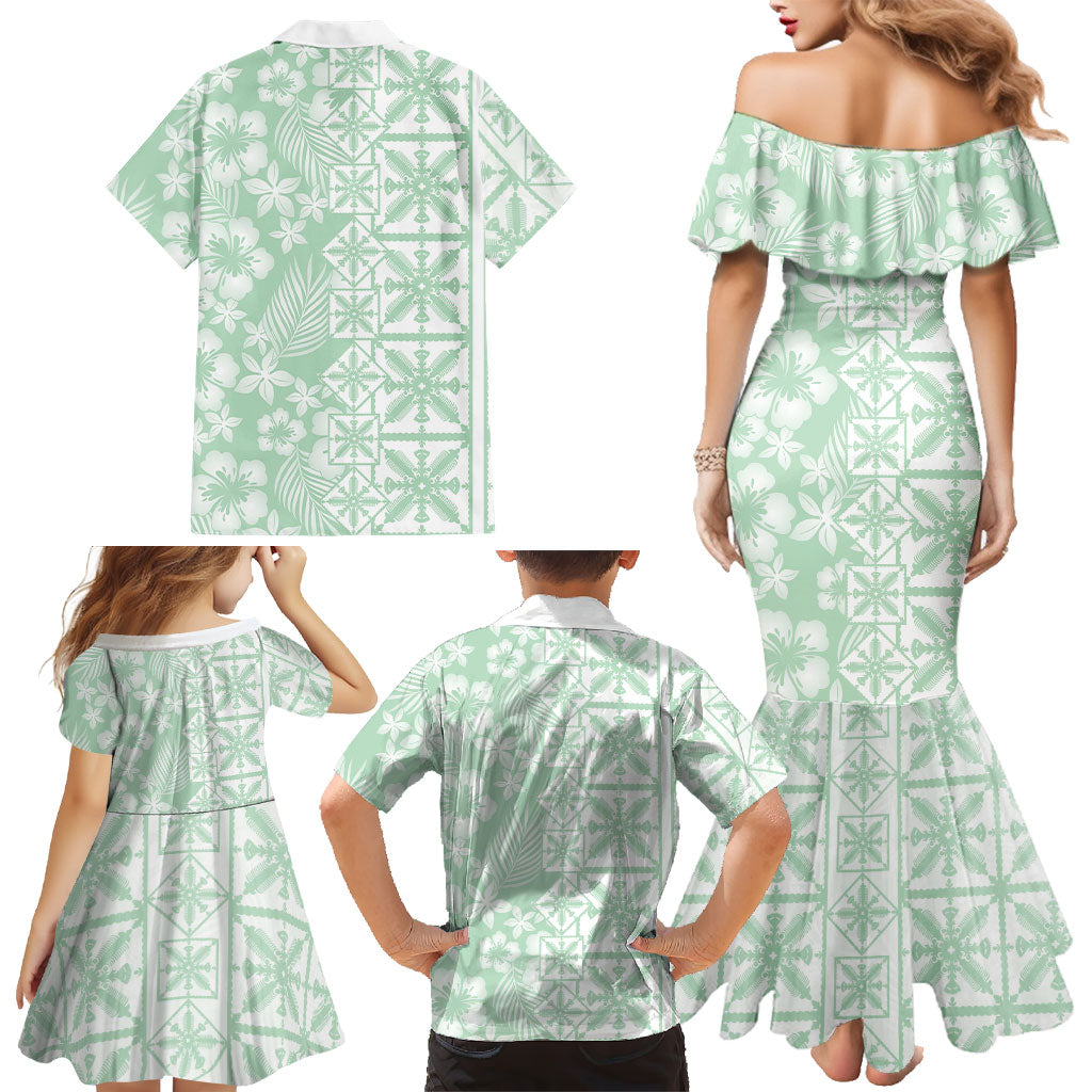 Pastel Green Kahili Quilt Hawaii Family Matching Mermaid Dress and Hawaiian Shirt Tropical Flower Seamless Half Style
