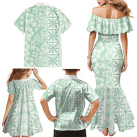 Pastel Green Kahili Quilt Hawaii Family Matching Mermaid Dress and Hawaiian Shirt Tropical Flower Seamless Half Style