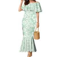 Pastel Green Kahili Quilt Hawaii Family Matching Mermaid Dress and Hawaiian Shirt Tropical Flower Seamless Half Style