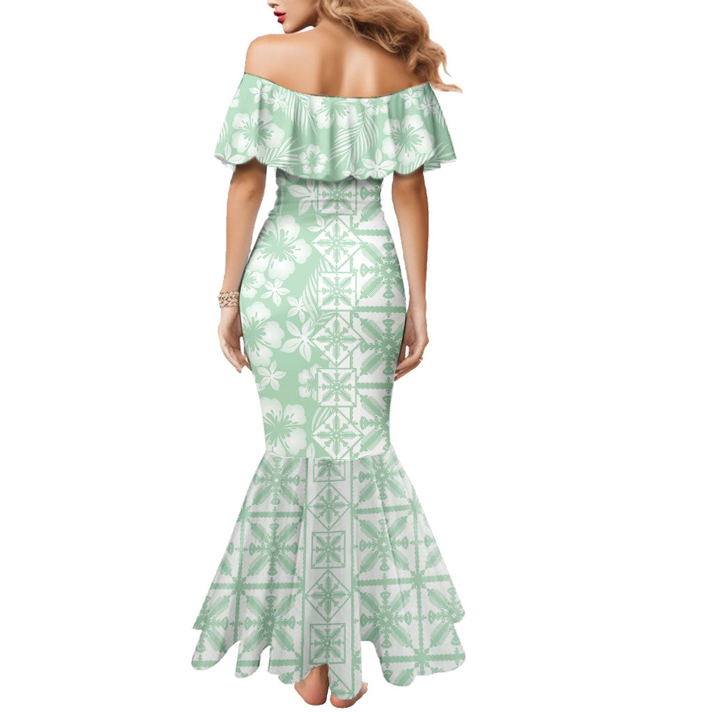 Pastel Green Kahili Quilt Hawaii Family Matching Mermaid Dress and Hawaiian Shirt Tropical Flower Seamless Half Style