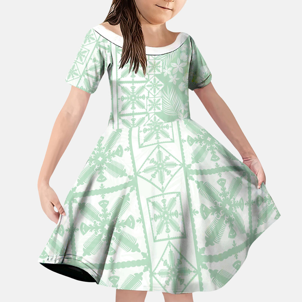 Pastel Green Kahili Quilt Hawaii Family Matching Off The Shoulder Long Sleeve Dress and Hawaiian Shirt Tropical Flower Seamless Half Style