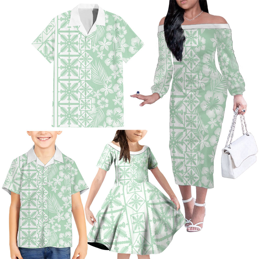Pastel Green Kahili Quilt Hawaii Family Matching Off The Shoulder Long Sleeve Dress and Hawaiian Shirt Tropical Flower Seamless Half Style