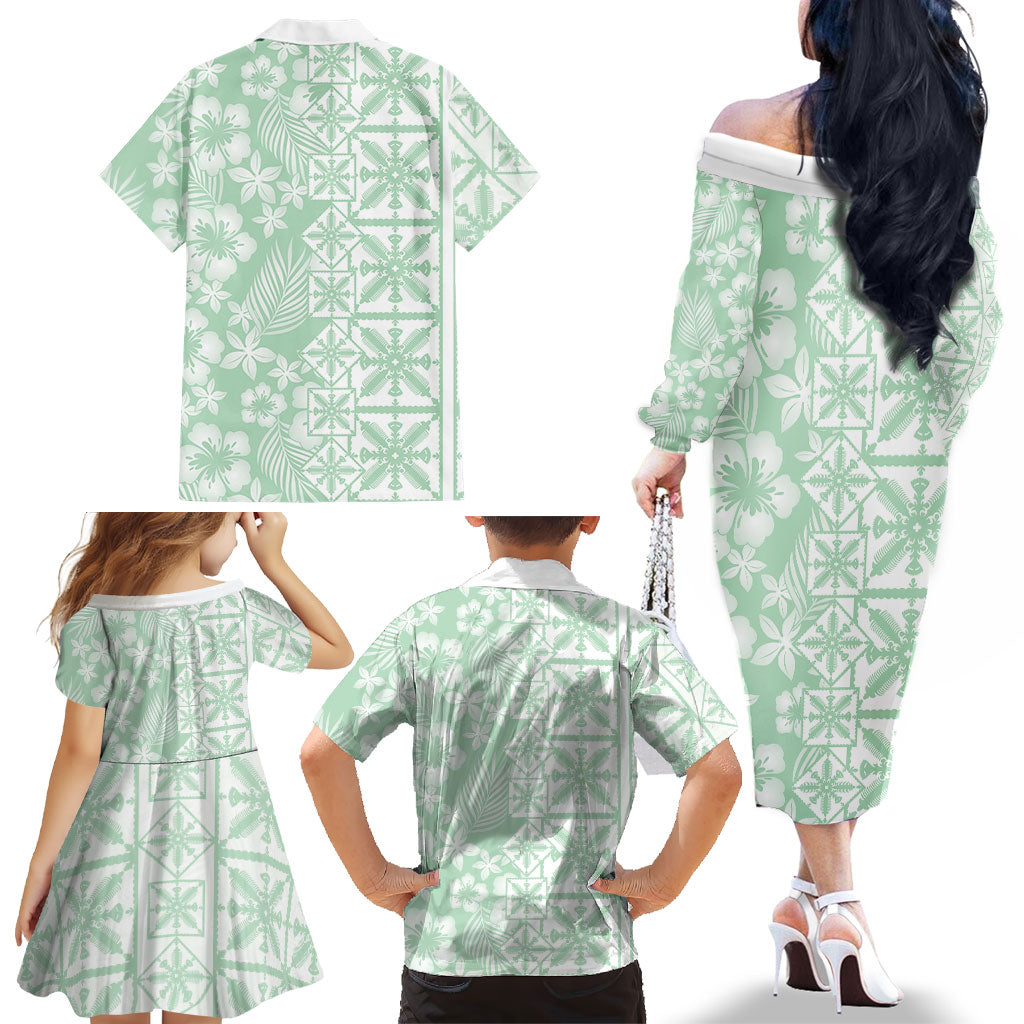 Pastel Green Kahili Quilt Hawaii Family Matching Off The Shoulder Long Sleeve Dress and Hawaiian Shirt Tropical Flower Seamless Half Style