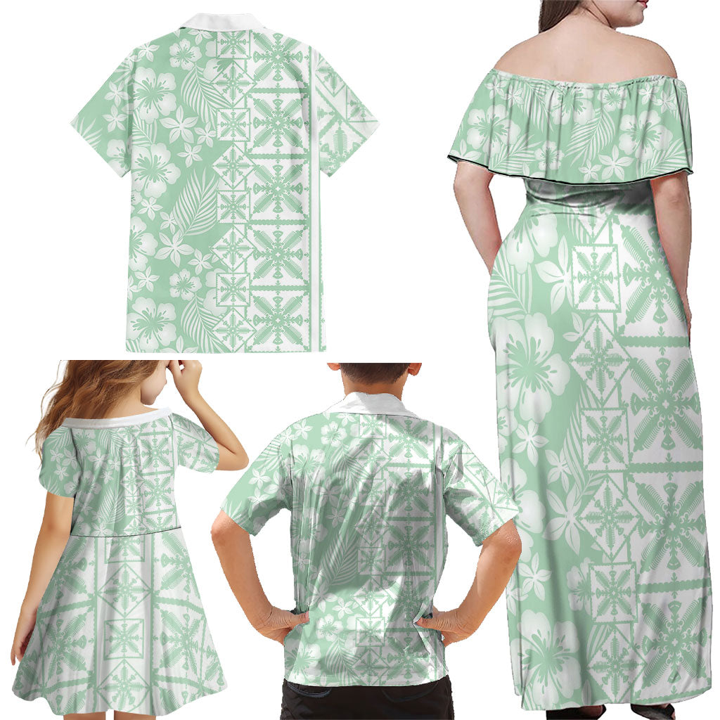 Pastel Green Kahili Quilt Hawaii Family Matching Off Shoulder Maxi Dress and Hawaiian Shirt Tropical Flower Seamless Half Style