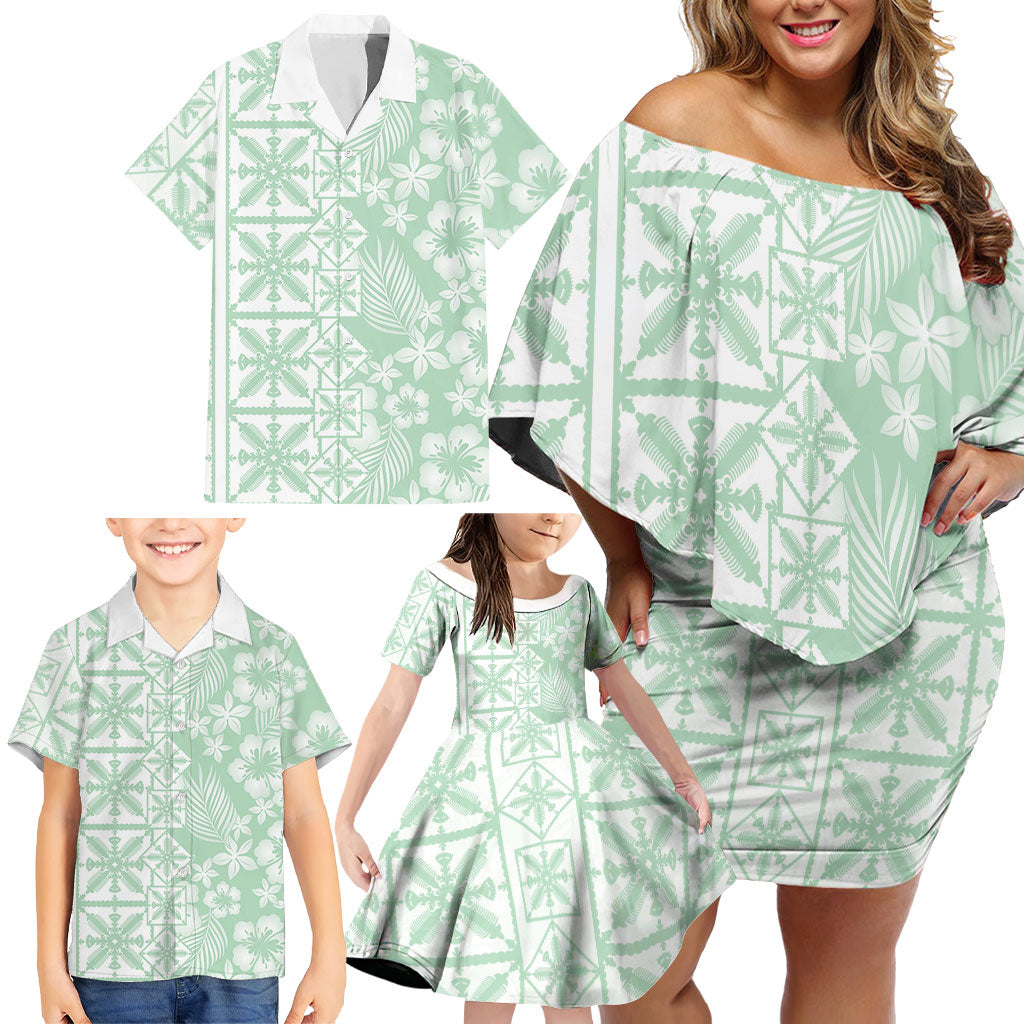 Pastel Green Kahili Quilt Hawaii Family Matching Off Shoulder Short Dress and Hawaiian Shirt Tropical Flower Seamless Half Style