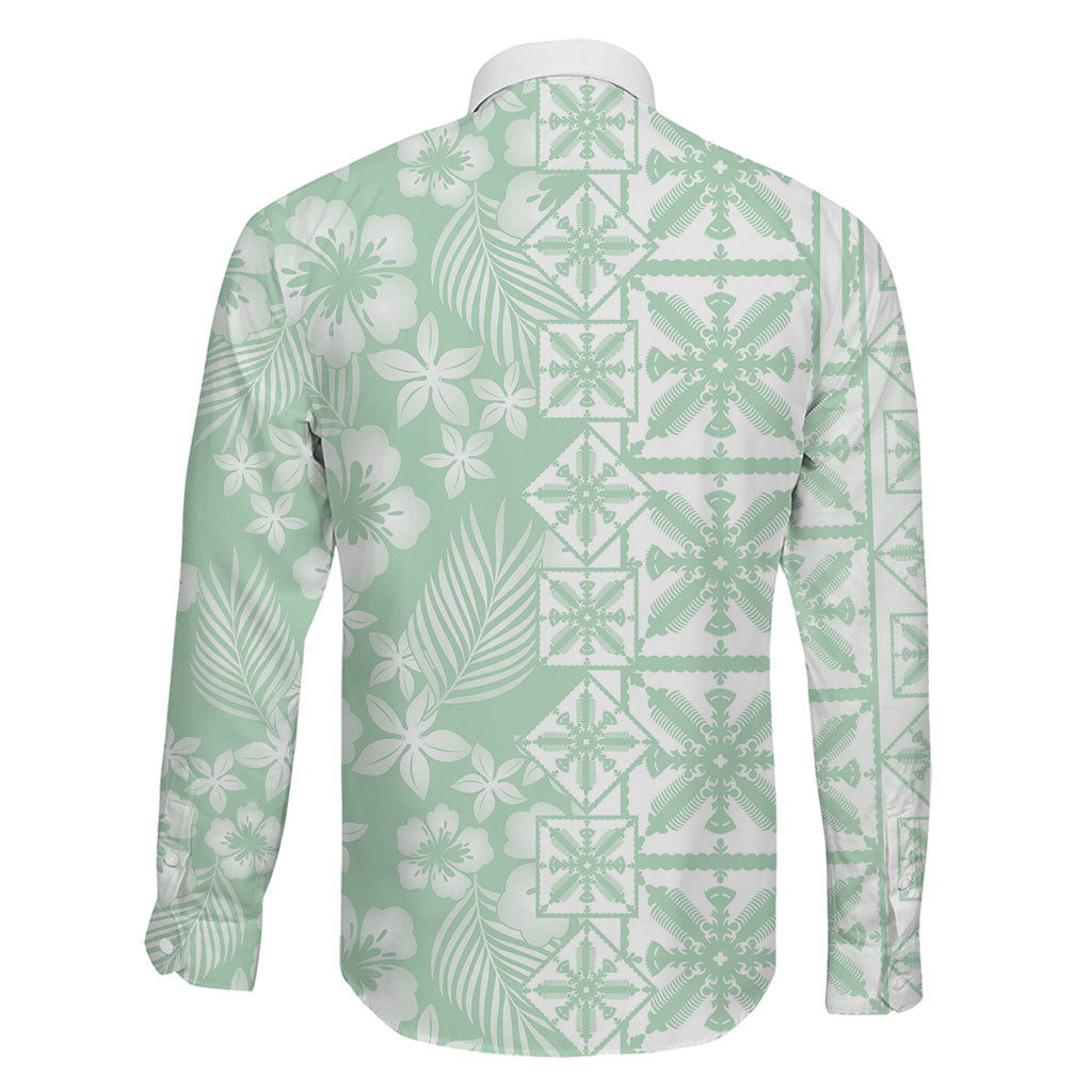 Pastel Green Kahili Quilt Hawaii Family Matching Puletasi and Hawaiian Shirt Tropical Flower Seamless Half Style