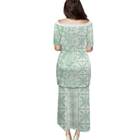 Pastel Green Kahili Quilt Hawaii Family Matching Puletasi and Hawaiian Shirt Tropical Flower Seamless Half Style