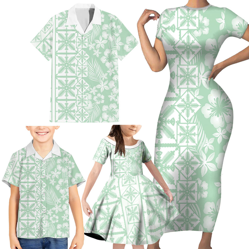 Pastel Green Kahili Quilt Hawaii Family Matching Short Sleeve Bodycon Dress and Hawaiian Shirt Tropical Flower Seamless Half Style LT14 - Polynesian Pride