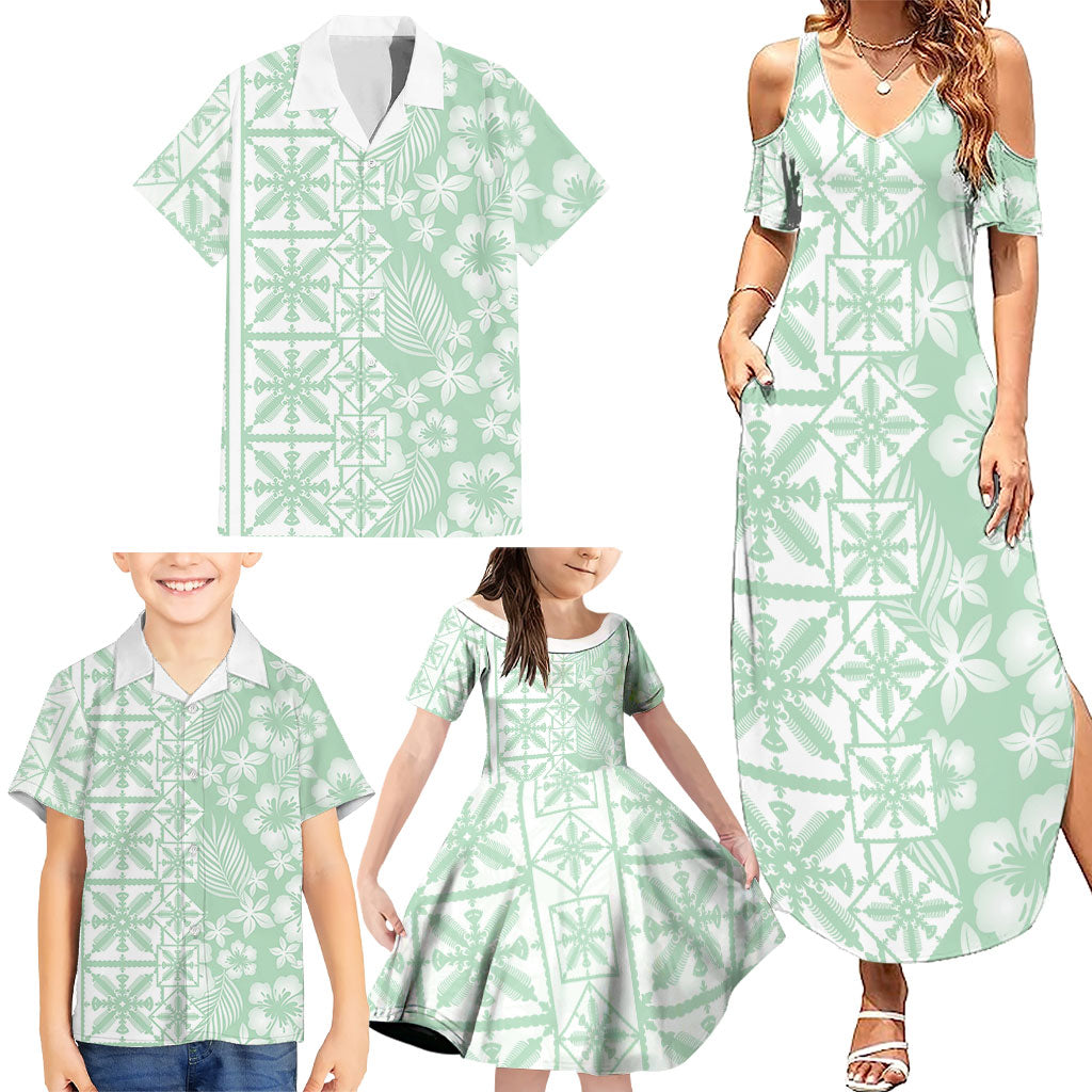 Pastel Green Kahili Quilt Hawaii Family Matching Summer Maxi Dress and Hawaiian Shirt Tropical Flower Seamless Half Style