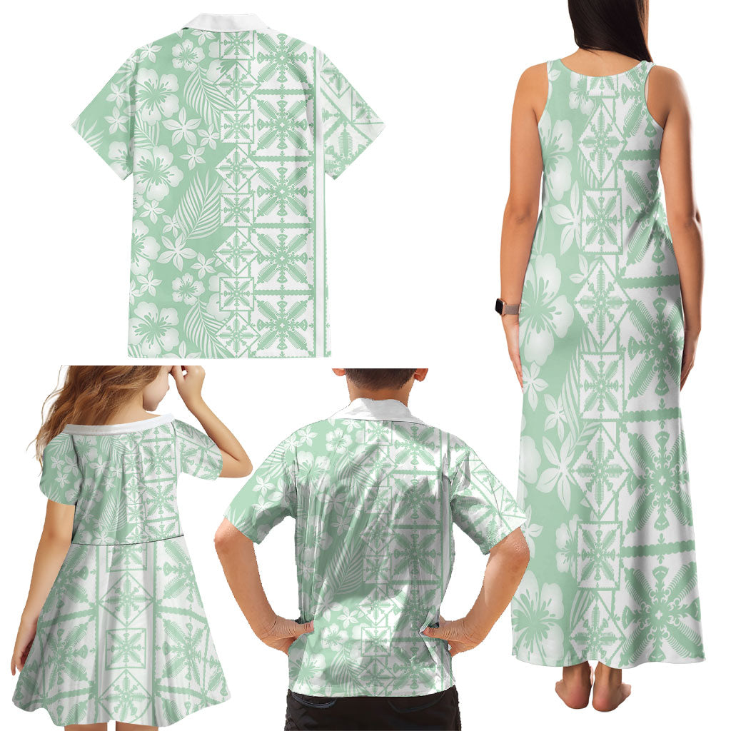 Pastel Green Kahili Quilt Hawaii Family Matching Tank Maxi Dress and Hawaiian Shirt Tropical Flower Seamless Half Style