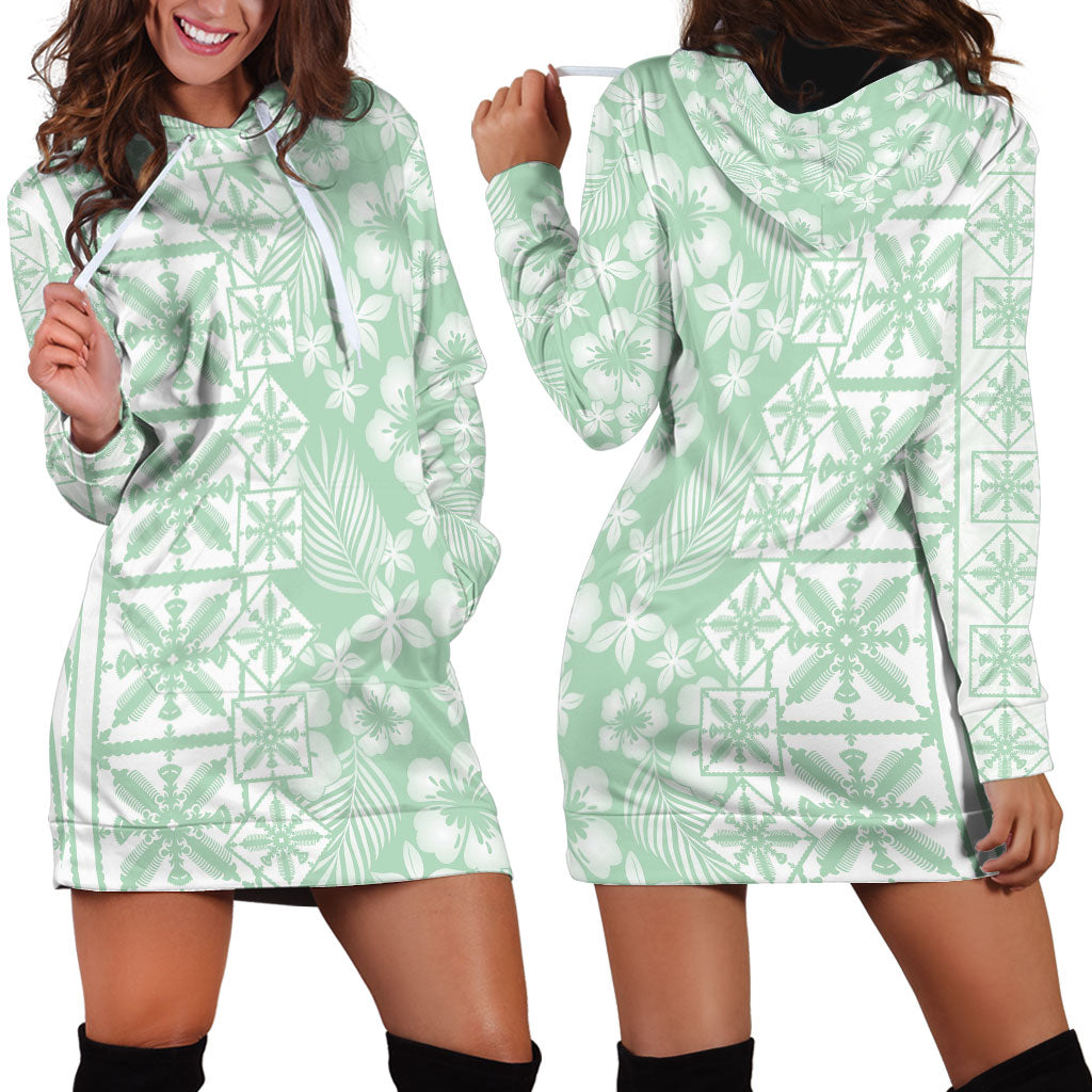 Pastel Green Kahili Quilt Hawaii Hoodie Dress Tropical Flower Seamless Half Style