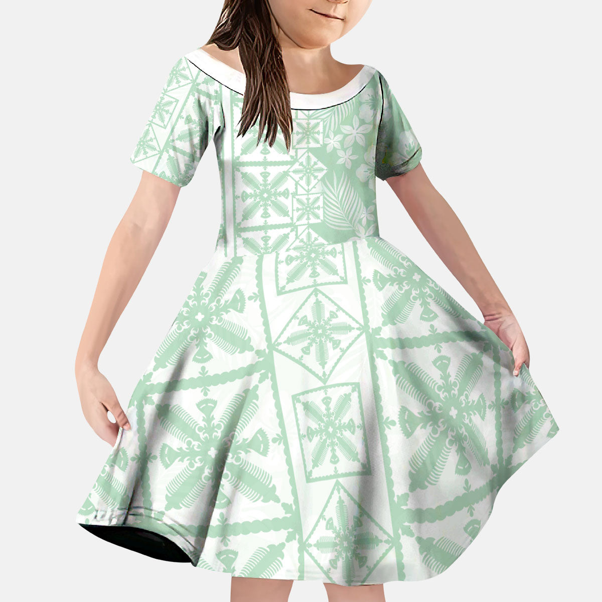Pastel Green Kahili Quilt Hawaii Kid Short Sleeve Dress Tropical Flower Seamless Half Style LT14 KID Green - Polynesian Pride