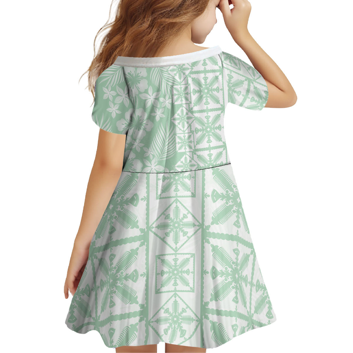 Pastel Green Kahili Quilt Hawaii Kid Short Sleeve Dress Tropical Flower Seamless Half Style