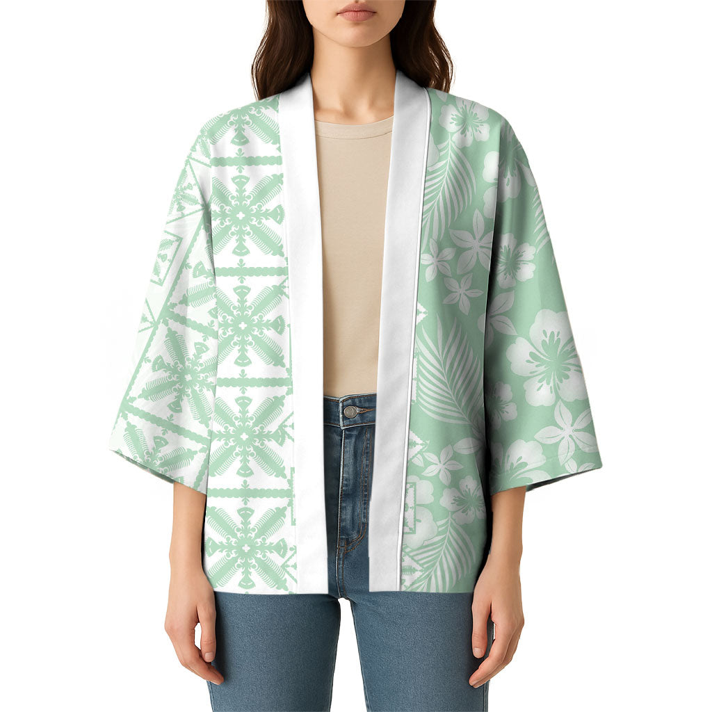 Pastel Green Kahili Quilt Hawaii Kimono Tropical Flower Seamless Half Style