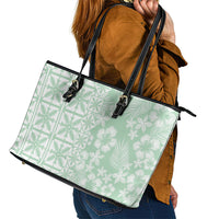 Pastel Green Kahili Quilt Hawaii Leather Tote Bag Tropical Flower Seamless Half Style