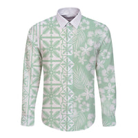 Pastel Green Kahili Quilt Hawaii Long Sleeve Button Shirt Tropical Flower Seamless Half Style