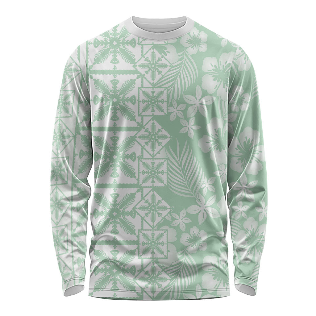 Pastel Green Kahili Quilt Hawaii Long Sleeve Shirt Tropical Flower Seamless Half Style