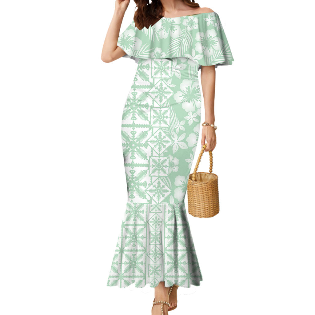 Pastel Green Kahili Quilt Hawaii Mermaid Dress Tropical Flower Seamless Half Style
