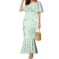 Pastel Green Kahili Quilt Hawaii Mermaid Dress Tropical Flower Seamless Half Style