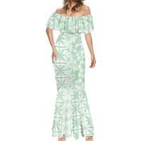 Pastel Green Kahili Quilt Hawaii Mermaid Dress Tropical Flower Seamless Half Style