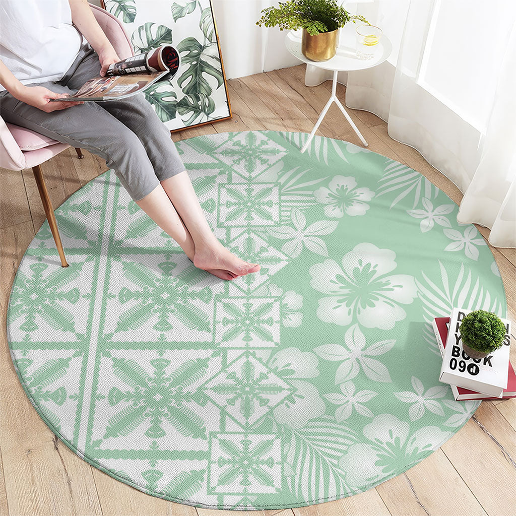Pastel Green Kahili Quilt Hawaii Round Carpet Tropical Flower Seamless Half Style