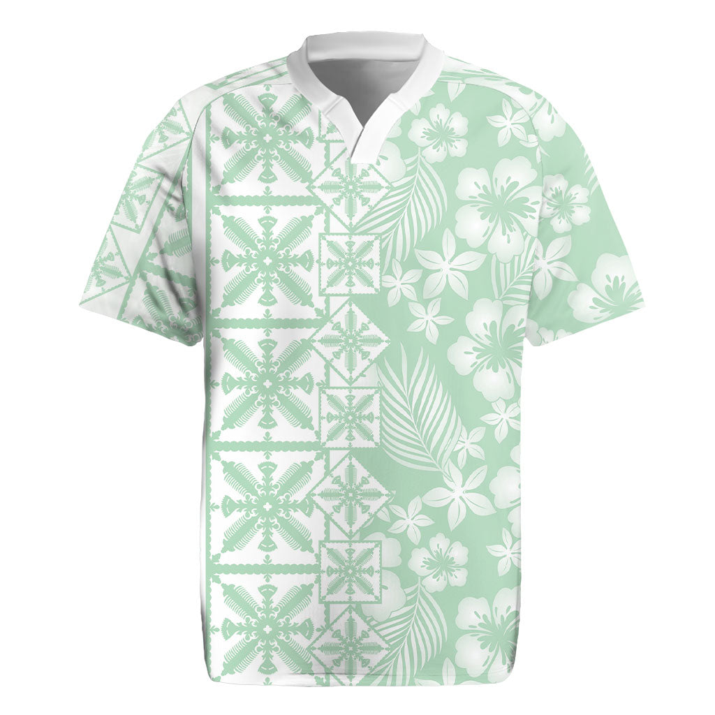 Pastel Green Kahili Quilt Hawaii Rugby Jersey Tropical Flower Seamless Half Style