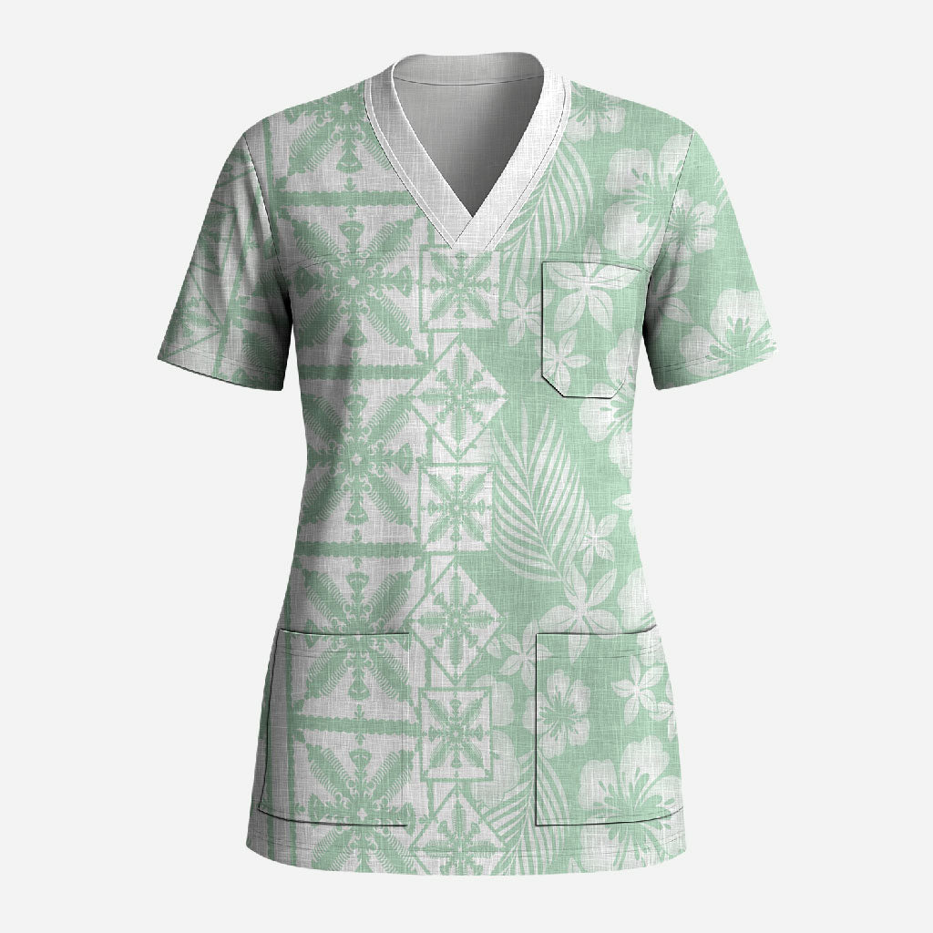 Pastel Green Kahili Quilt Hawaii Scrub Top Tropical Flower Seamless Half Style LT14 Adult Green - Polynesian Pride