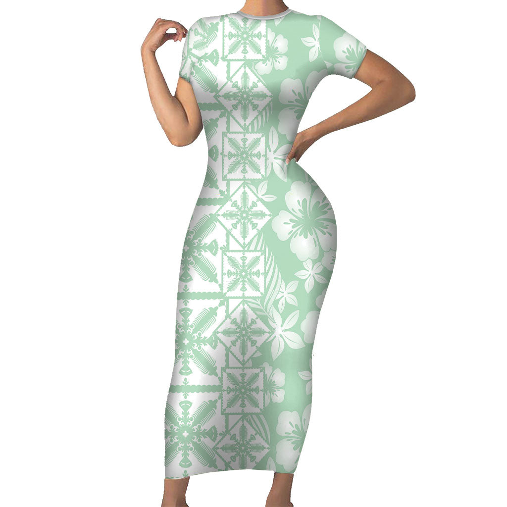 Pastel Green Kahili Quilt Hawaii Short Sleeve Bodycon Dress Tropical Flower Seamless Half Style