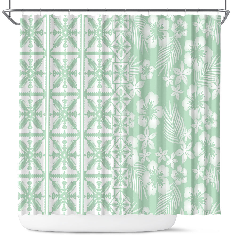 Pastel Green Kahili Quilt Hawaii Shower Curtain Tropical Flower Seamless Half Style LT14 Green - Polynesian Pride