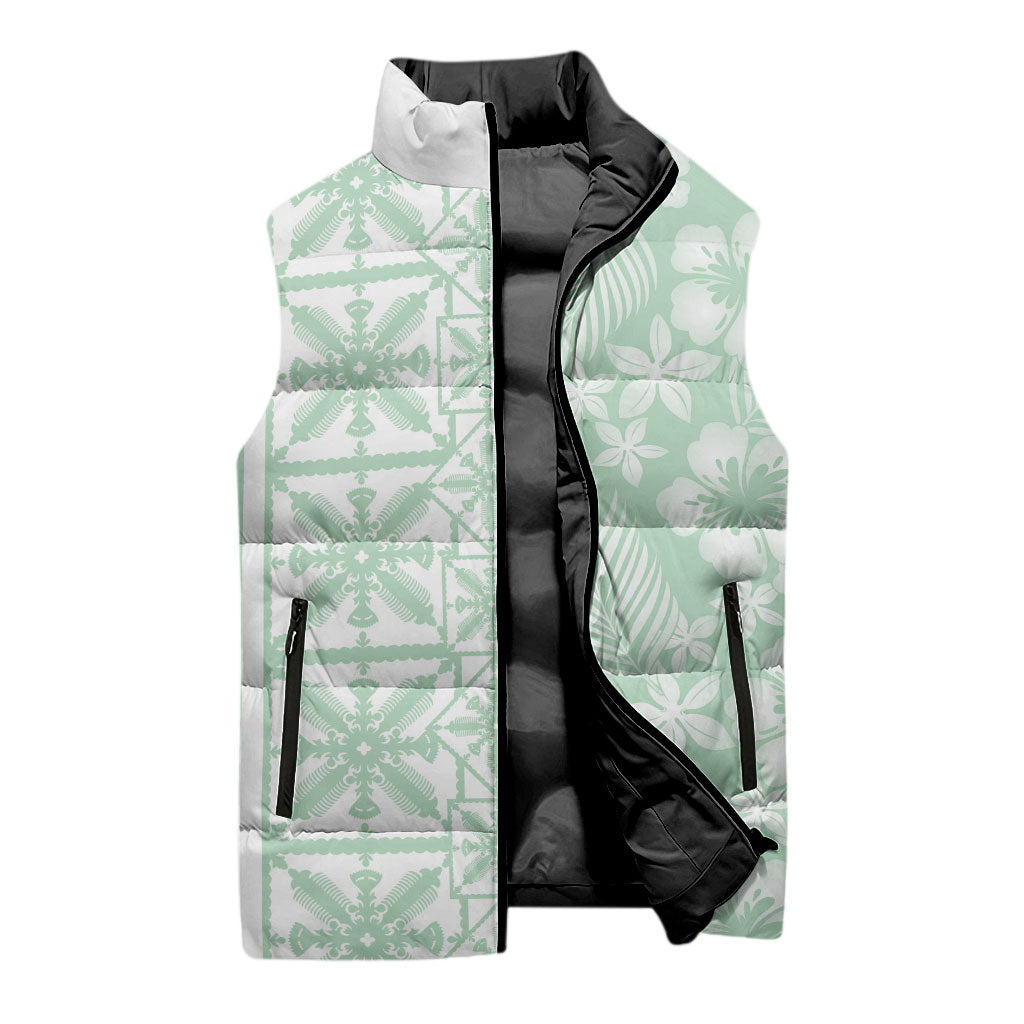 Pastel Green Kahili Quilt Hawaii Sleeveless Puffer Jacket Tropical Flower Seamless Half Style