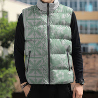 Pastel Green Kahili Quilt Hawaii Sleeveless Puffer Jacket Tropical Flower Seamless Half Style