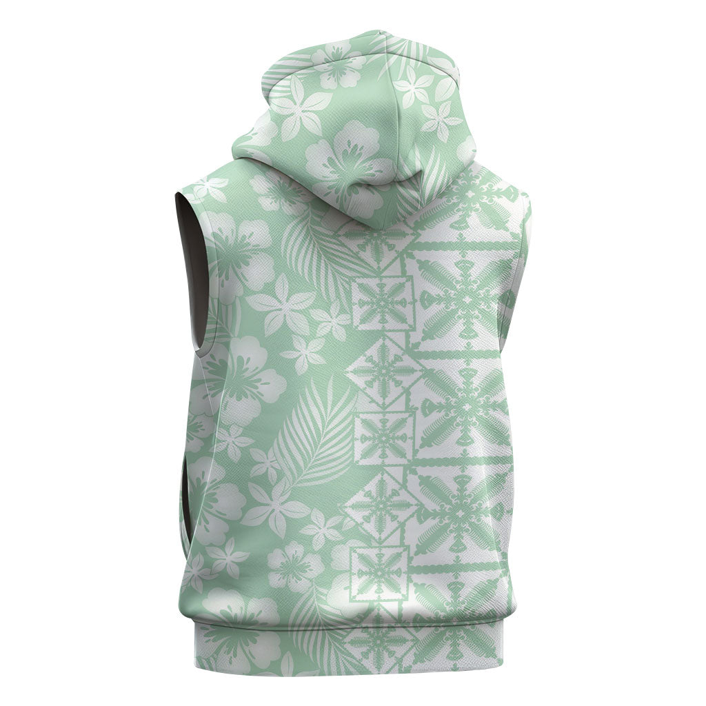 Pastel Green Kahili Quilt Hawaii Sleeveless Zip Hoodie Tropical Flower Seamless Half Style