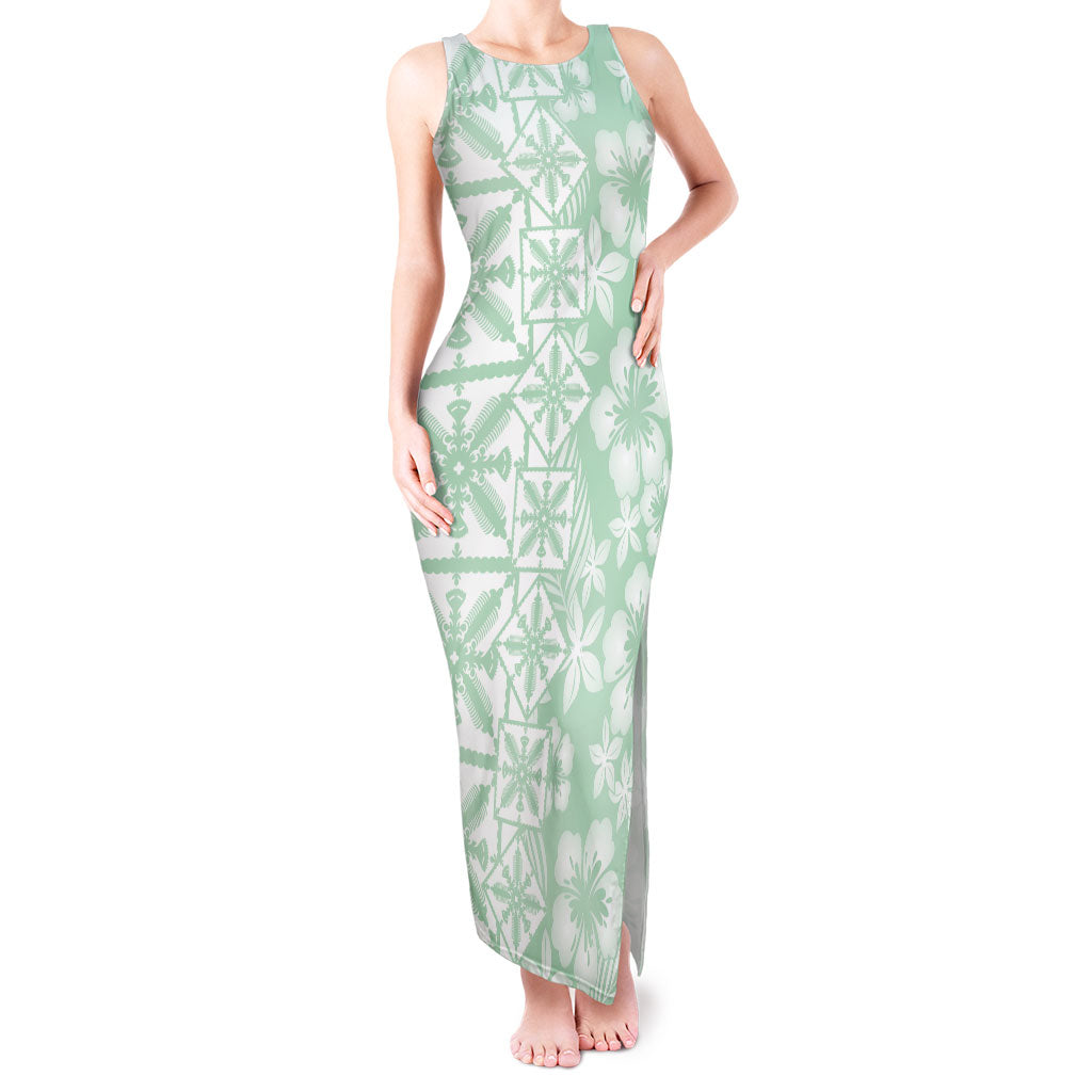 Pastel Green Kahili Quilt Hawaii Tank Maxi Dress Tropical Flower Seamless Half Style LT14 Women Green - Polynesian Pride