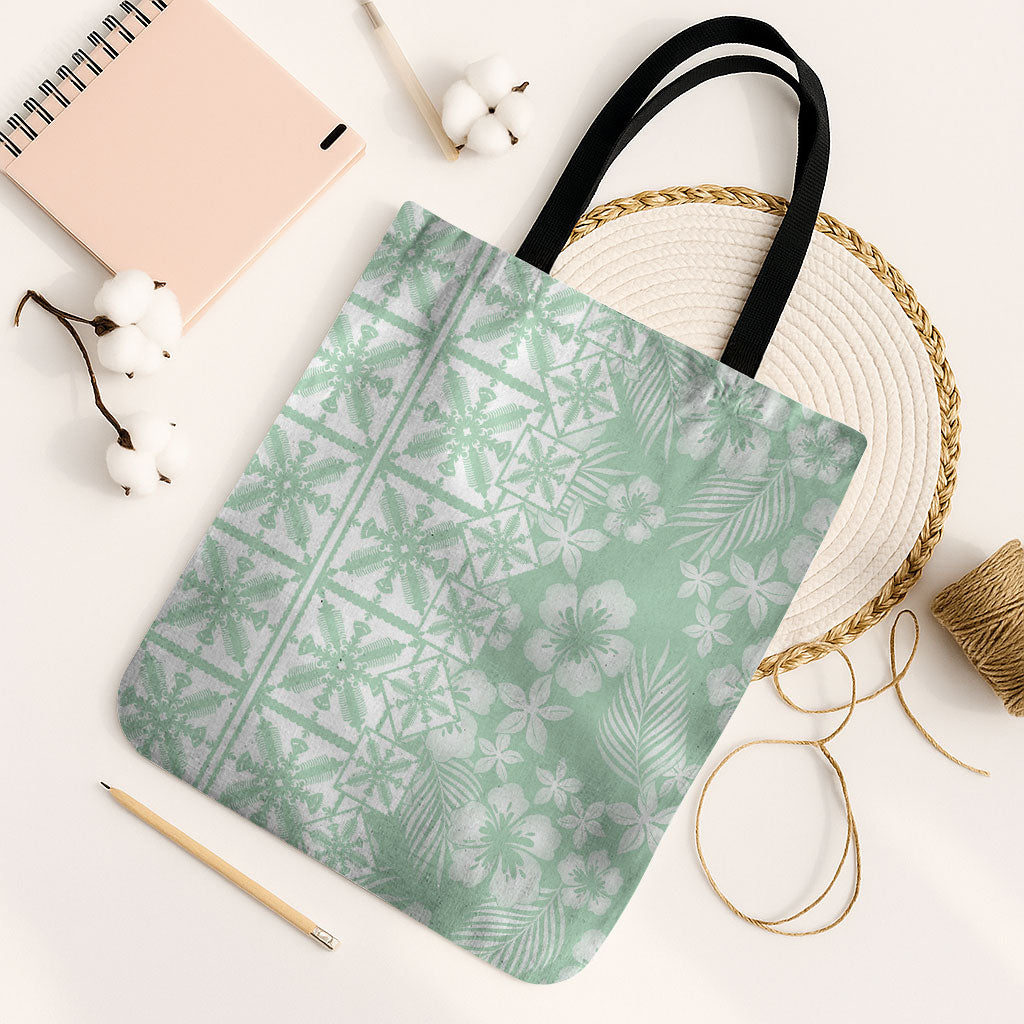 Pastel Green Kahili Quilt Hawaii Tote Bag Tropical Flower Seamless Half Style