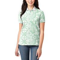 Pastel Green Kahili Quilt Hawaii Women Polo Shirt Tropical Flower Seamless Half Style
