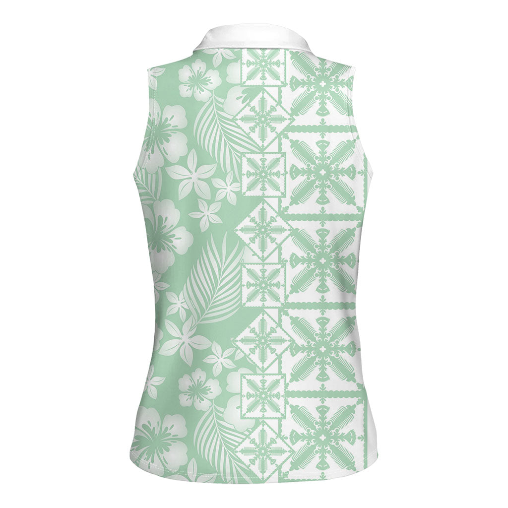 Pastel Green Kahili Quilt Hawaii Women Sleeveless Polo Shirt Tropical Flower Seamless Half Style